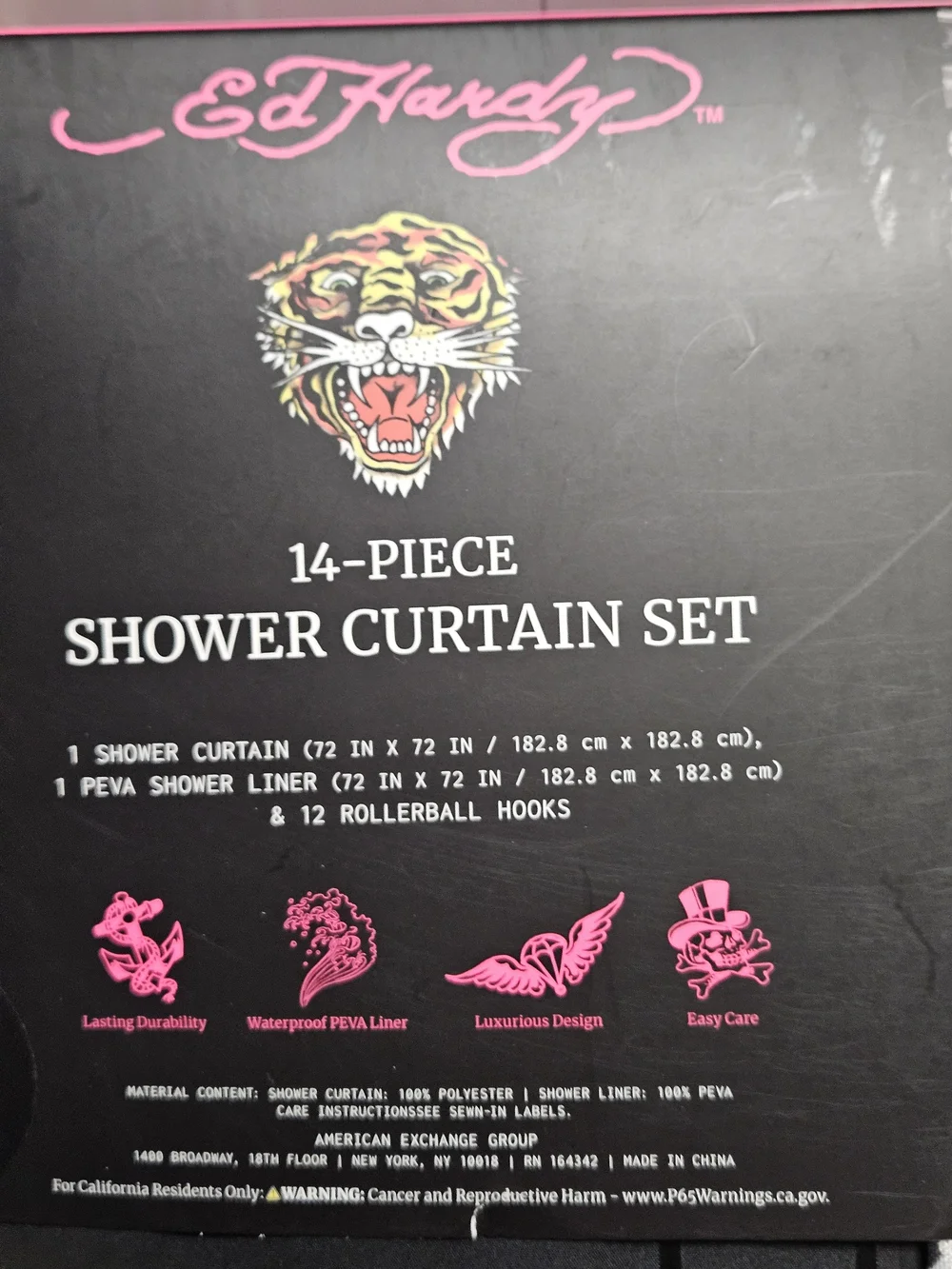 Ed Hardy 14 Piece Shower Curtain Set Tiger Skull Roses Black Hooks Liner